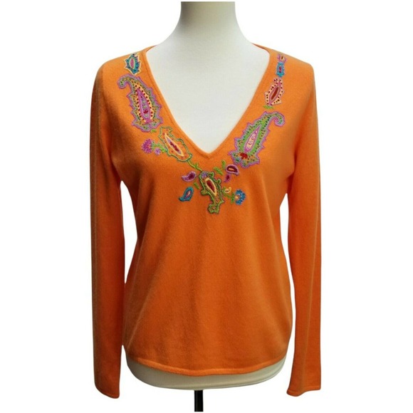 Ralph Lauren Black Label Women's V-Neck Cashmere Sweater Embroidered Orange Sz L - Picture 1 of 12